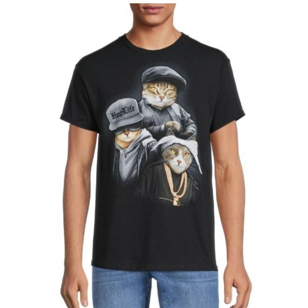 DOM Cat Rapper Trio Hug Life Black Cotton T-Shirt Size Medium Unisex